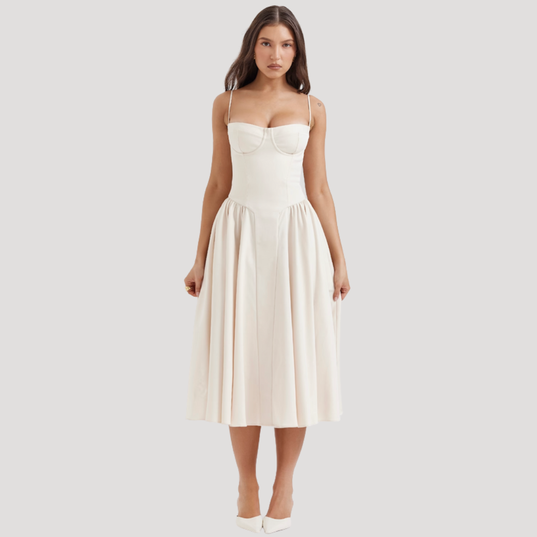 Figure-flattering women's sweetheart corset A-line midi dress. Ideal for special occasion parties.