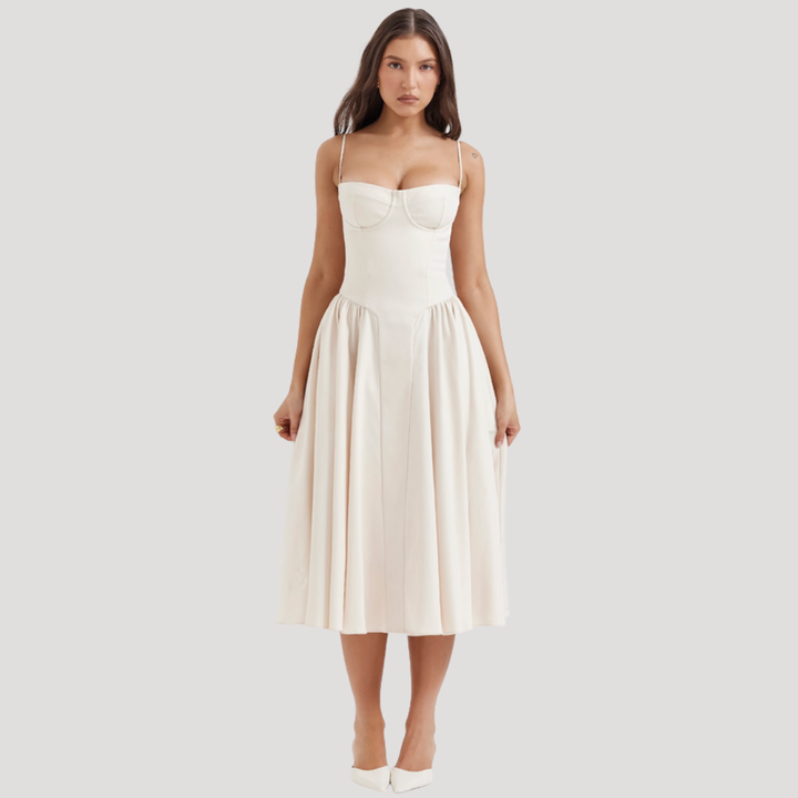 Figure-flattering women's sweetheart corset A-line midi dress. Ideal for special occasion parties.