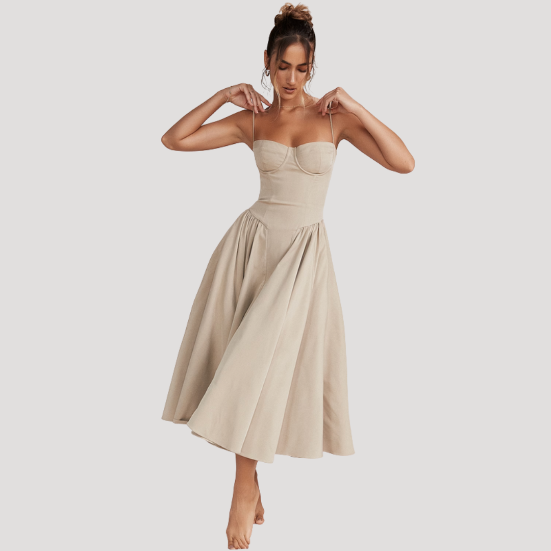 Close-up of sweetheart corset bodice on elegant women's A-line midi dress. Perfect for formal events.
