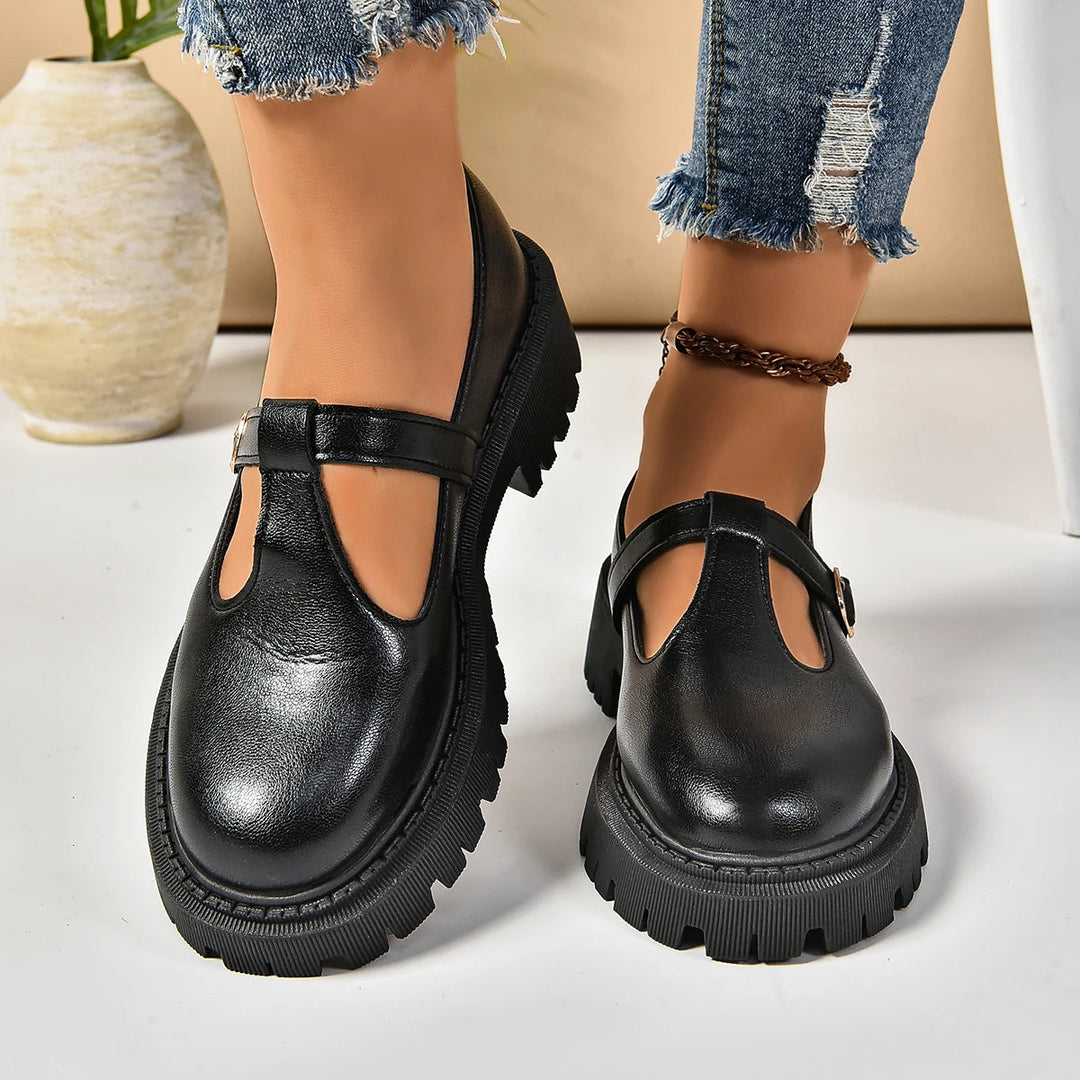Vintage style T-Strap Platform Mary Jane heels for women with orthopedic arch support and buckle detail.