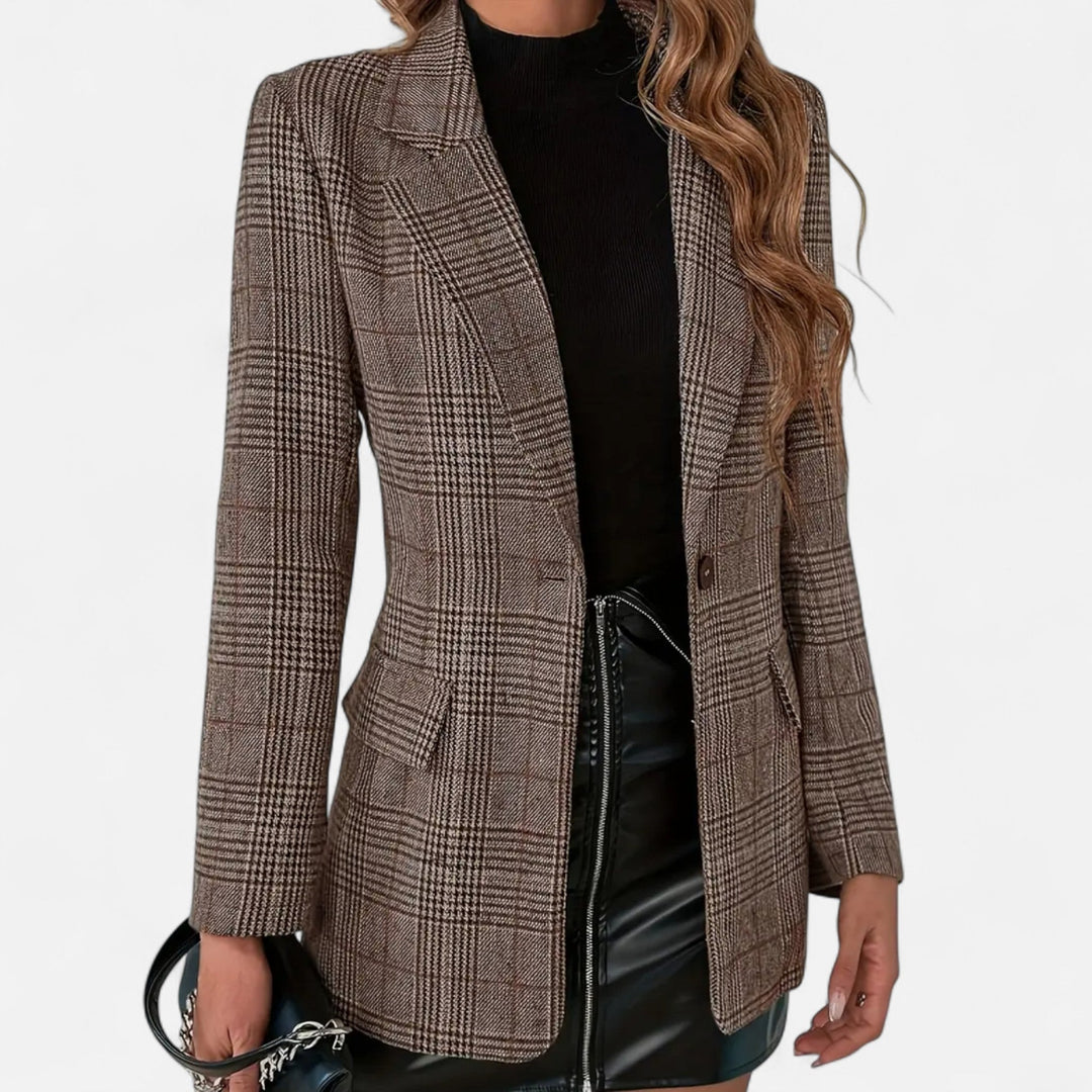 Women's tailored brown plaid blazer, single-breasted, perfect for professional office workwear.
