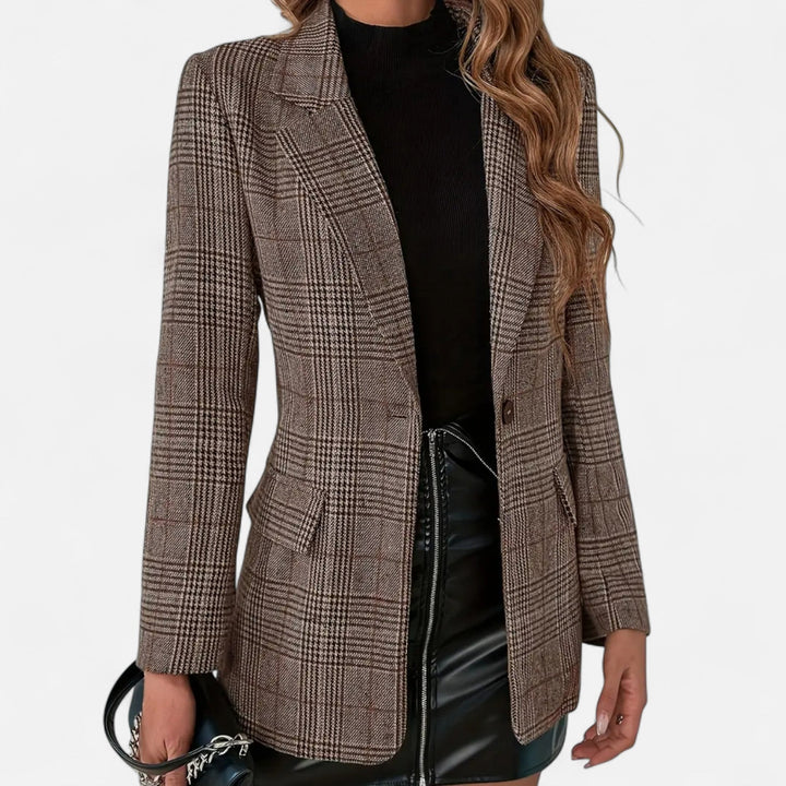 Women's tailored brown plaid blazer, single-breasted, perfect for professional office workwear.