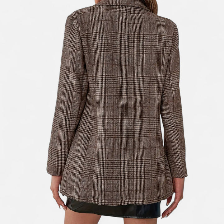 Elegant women's tailored plaid blazer, a versatile brown jacket for modern office wear and evening events.