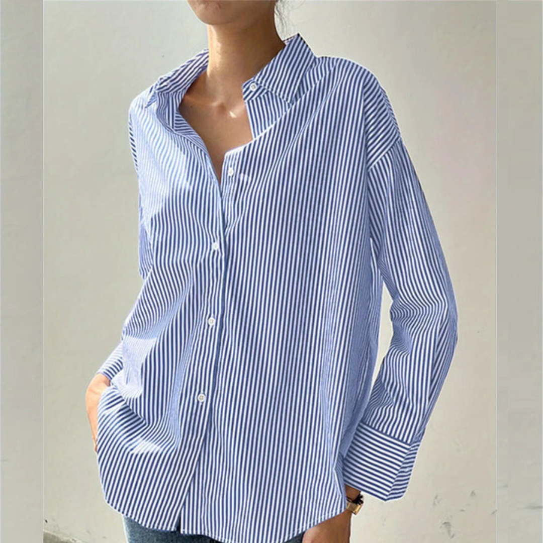 Blue women's executive shirt, tailored fit. Sophisticated long-sleeve blouse for professional office & business casual.