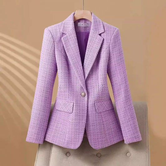 Women's tailored pink structured blazer. Elegant long sleeve jacket for office fashion & business wear.