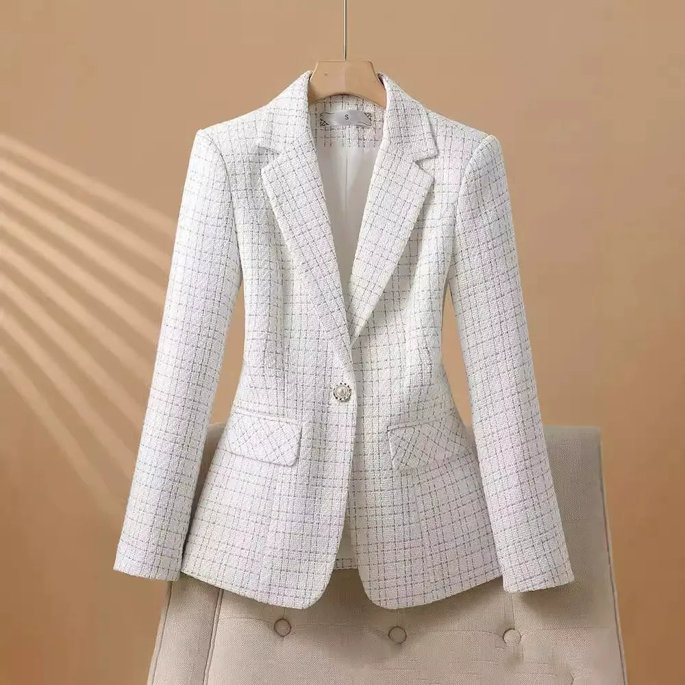 Chic white structured blazer with pearl detail. Modern classic women's jacket, perfect for office & business.