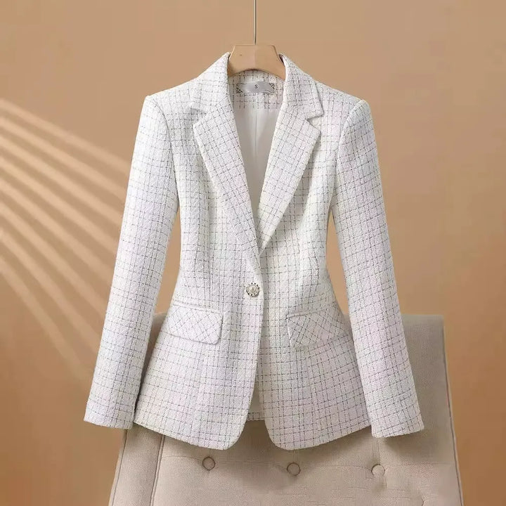 Chic white structured blazer with pearl detail. Modern classic women's jacket, perfect for office & business.