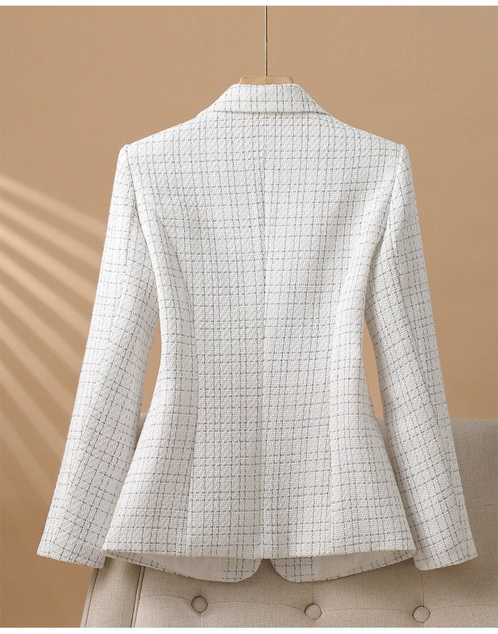 Elegant pink structured tailored blazer. Chic women's long sleeve jacket for office & business fashion.