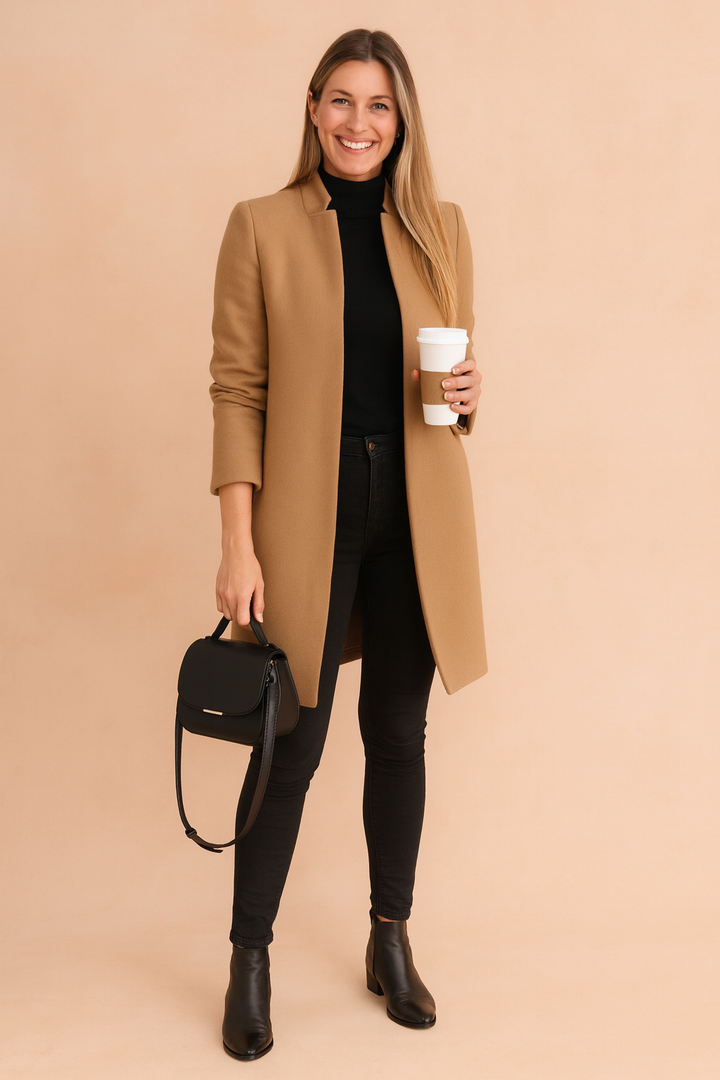 Women's tailored slim fit coat in structured design, perfect for work or elegant casual wear. Fall winter fashion.