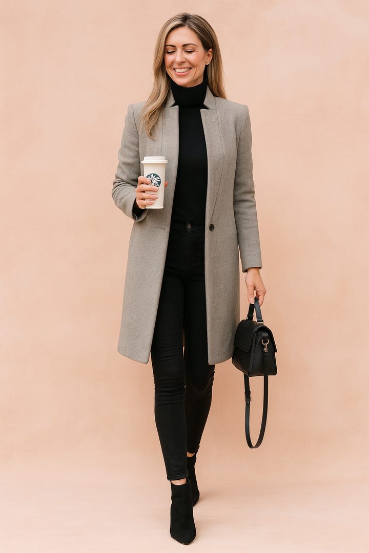 Elegant women's tailored coat, slim fit, ideal for professional workwear or stylish business casual outfits.