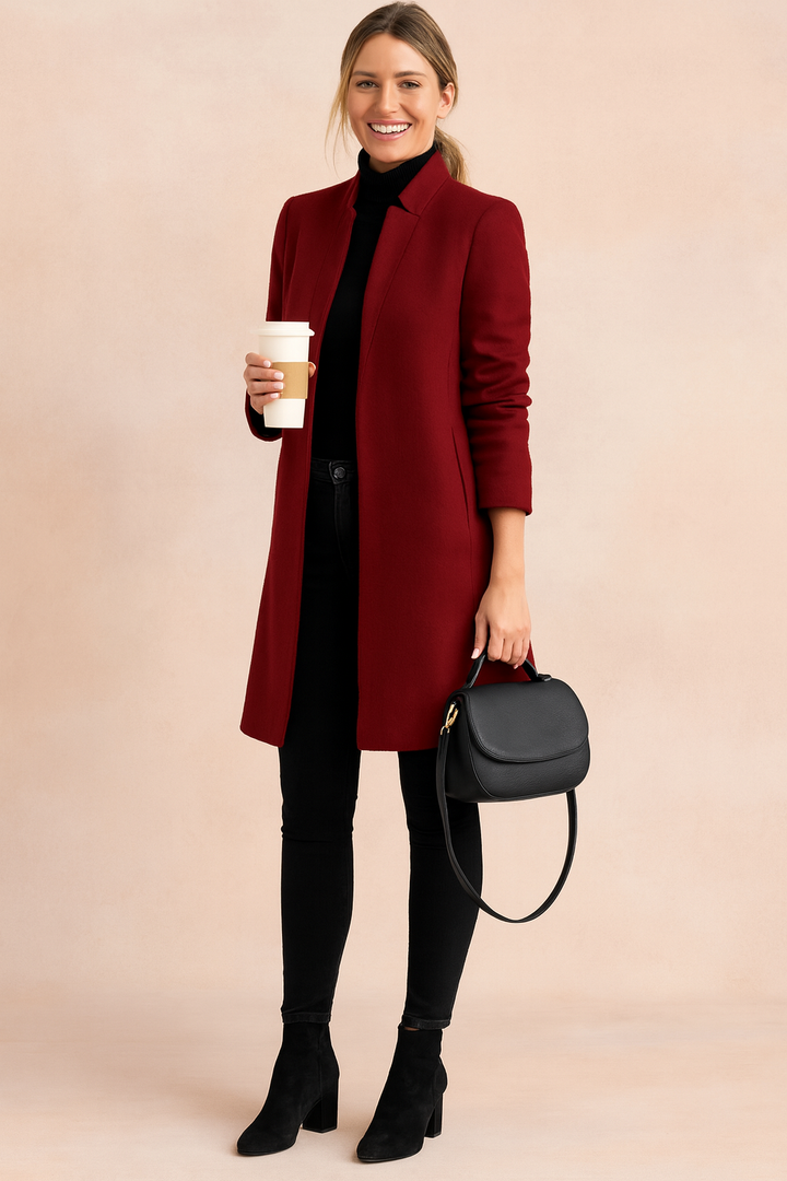 Stylish women's tailored slim fit coat, a must-have structured long sleeve outerwear for fall winter fashion.