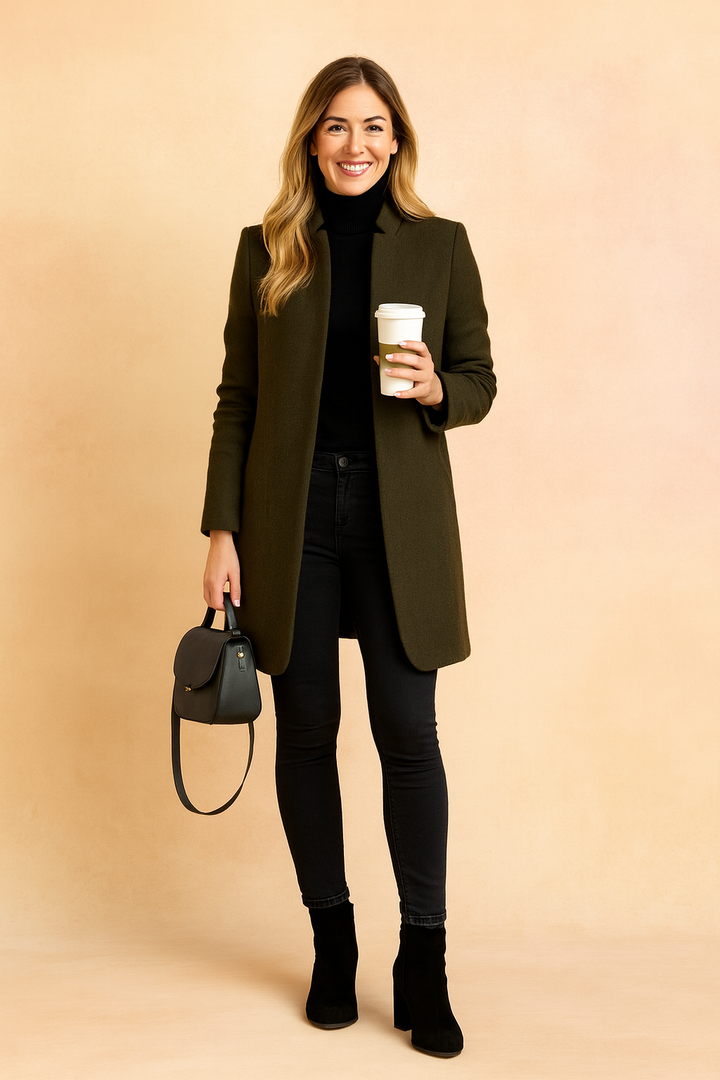 Sophisticated women's structured tailored coat, offering a chic slim fit for elegant workwear & casual ensembles.