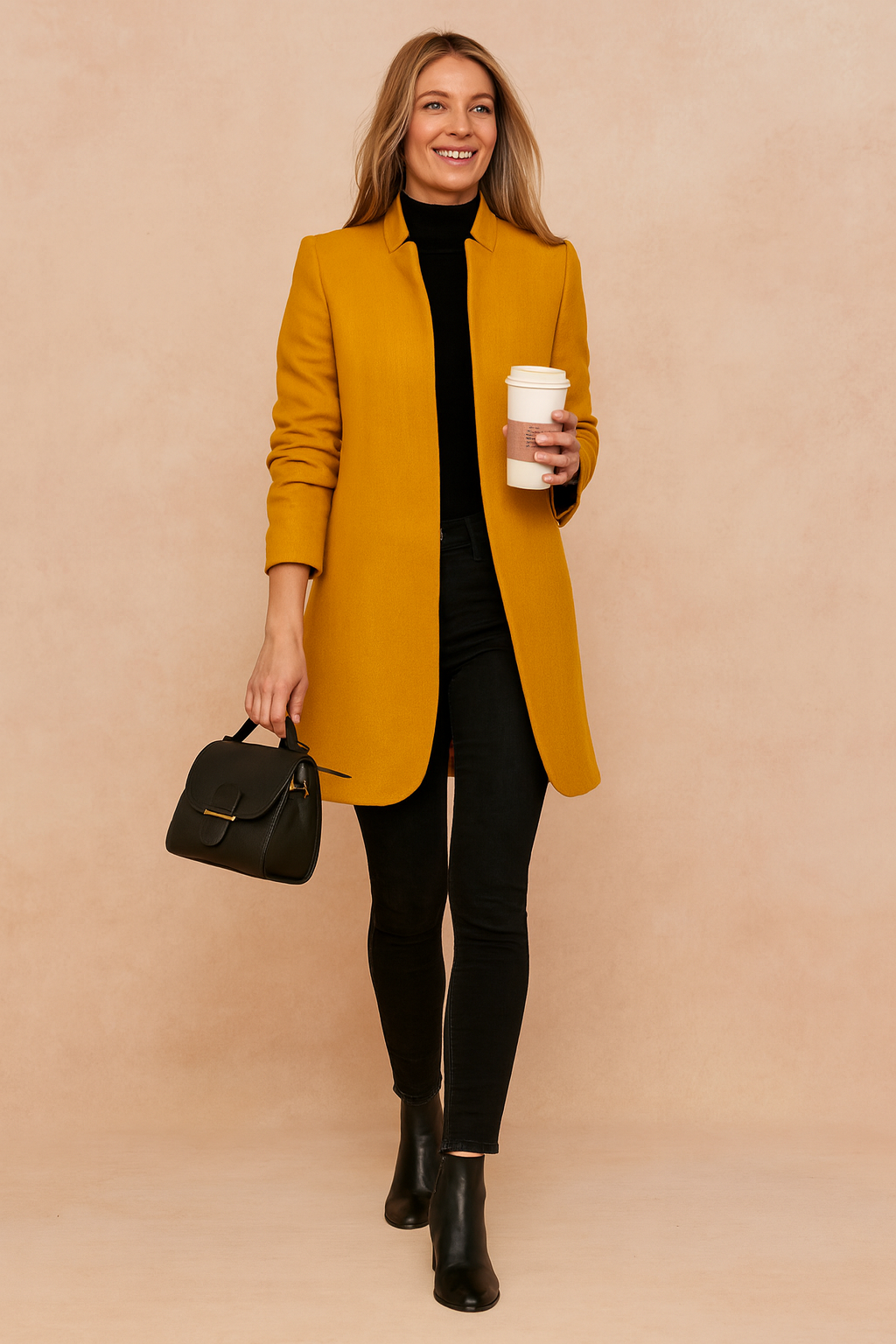 Women's slim fit tailored coat with a structured design, perfect long sleeve outerwear for modern work & casual style.