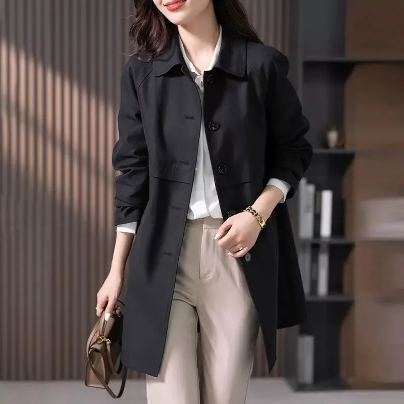 Classic women's tailored trench coat, a single-button elegant jacket for versatile autumn & spring office and casual wear.