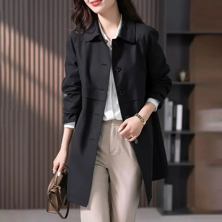 Classic women's tailored trench coat, a single-button elegant jacket for versatile autumn & spring office and casual wear.