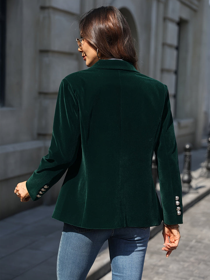 Shimmering velvet tailored blazer for women, featuring exquisite gold buttons. Great for formal events.