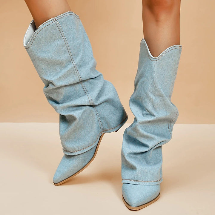 Women's tall block heel boots, pointed toe, pleated design for an elegant, chic look.