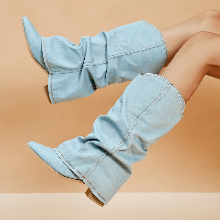 Comfortable slip-on tall block heel boots for women, with elegant pleated design & pointed toe.