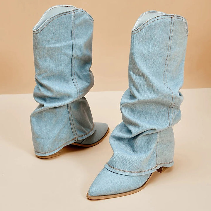 Stylish women's tall block heel boots. Pointed toe & pleated design for elegant autumn/winter outfits.