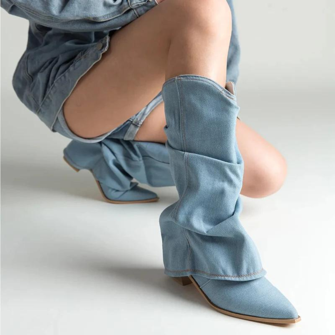 Sophisticated women's pleated tall boots with a sturdy block heel and elegant pointed toe design.
