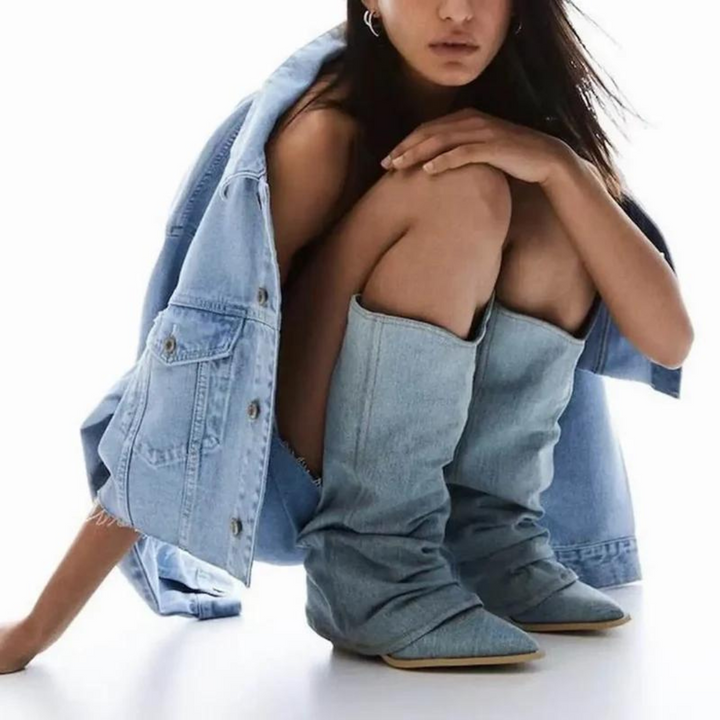 Elegant women's pointed-toe tall boots with chic pleated detailing and a comfortable block heel.