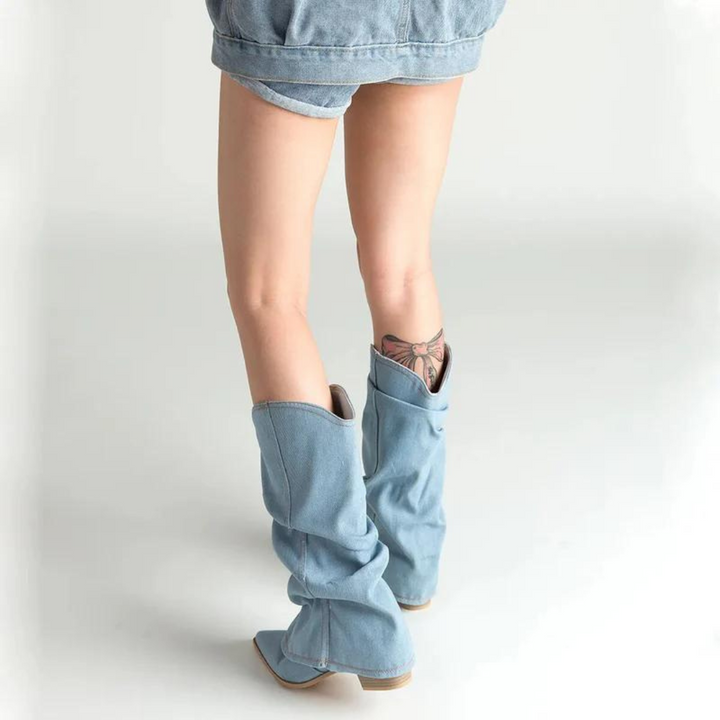 Women's stylish tall block heel boots, slip-on, with elegant pleated design & sharp pointed toe.