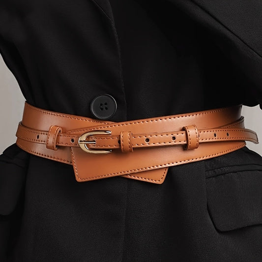 Women's tan dual-strap vegan leather waist belt, adjustable fashion accessory.