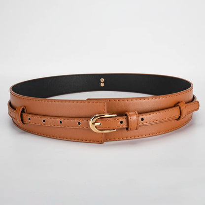 Adjustable brown vegan leather waist belt with dual straps, chic women's fashion accessory.