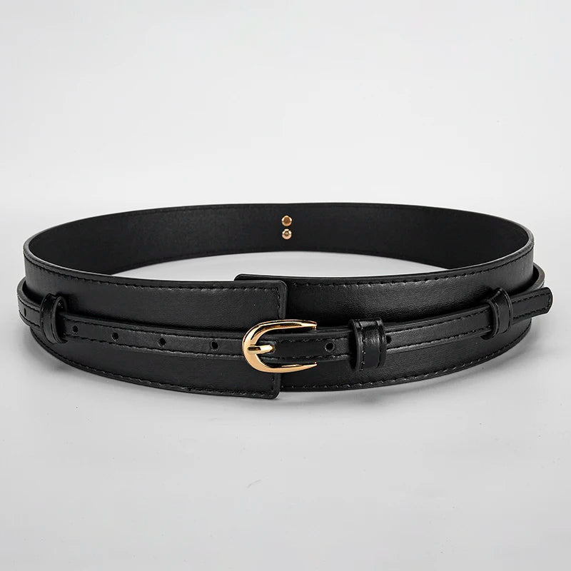 Stylish women's adjustable black vegan leather waist belt, ideal for coats and dresses.