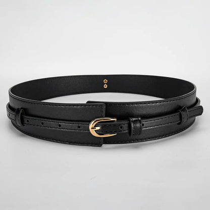 Stylish women's adjustable black vegan leather waist belt, ideal for coats and dresses.