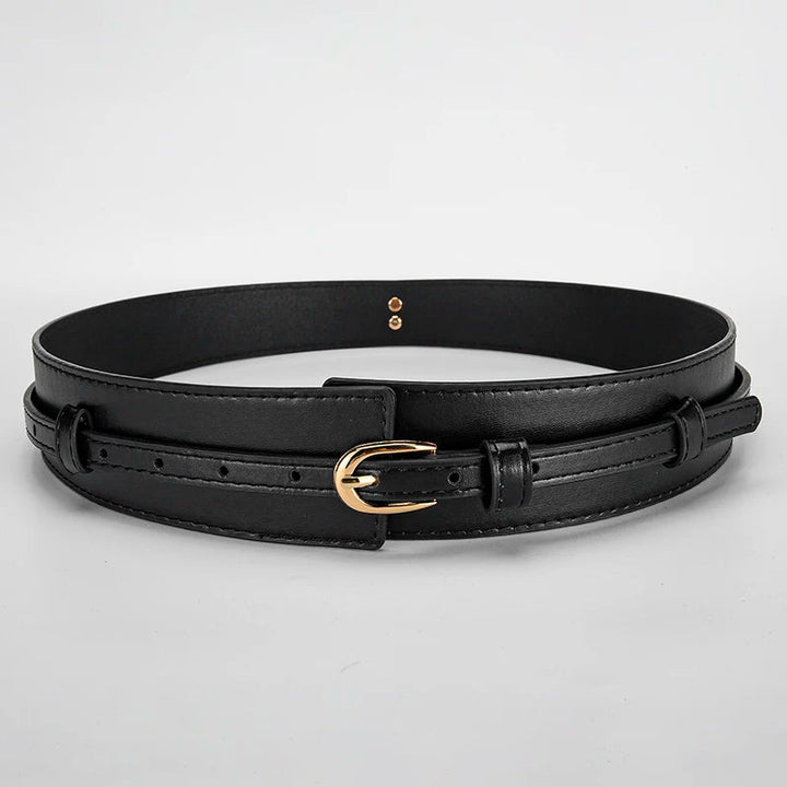 Stylish women's adjustable black vegan leather waist belt, ideal for coats and dresses.