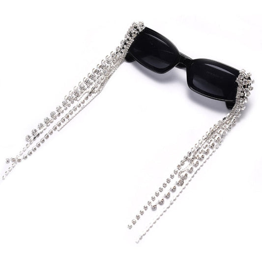 Women's tassel rhinestone sunglasses, stylish eyewear with UV protection & gradient lenses.