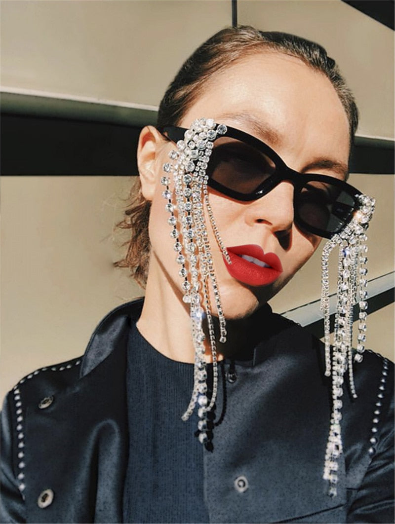 Stylish women's tassel rhinestone sunglasses, providing full UV protection with gradient lenses.
