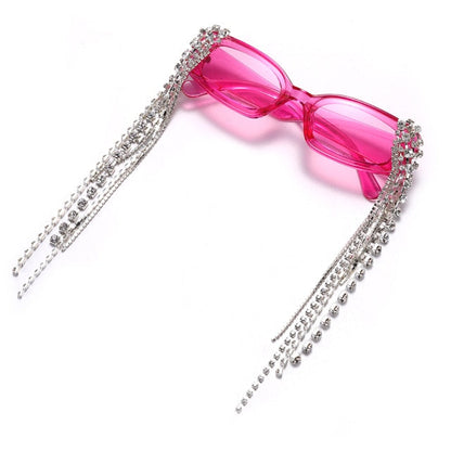 Women's UV protection sunglasses, chic design with tassels & rhinestones for eye safety.