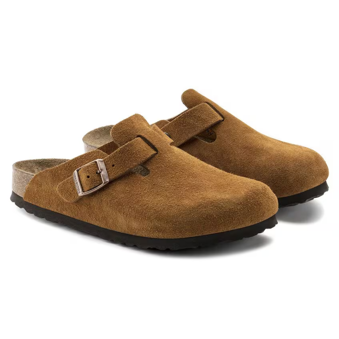 Taupe women's comfortable clogs; classic, slip-on, with excellent cushioned arch support.