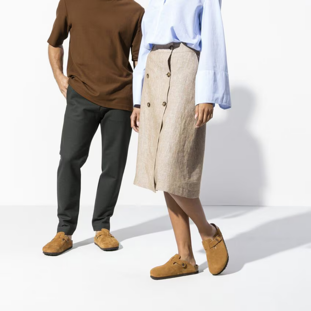 Adjustable taupe women's slip-on clogs, cushioned, versatile casual footwear.
