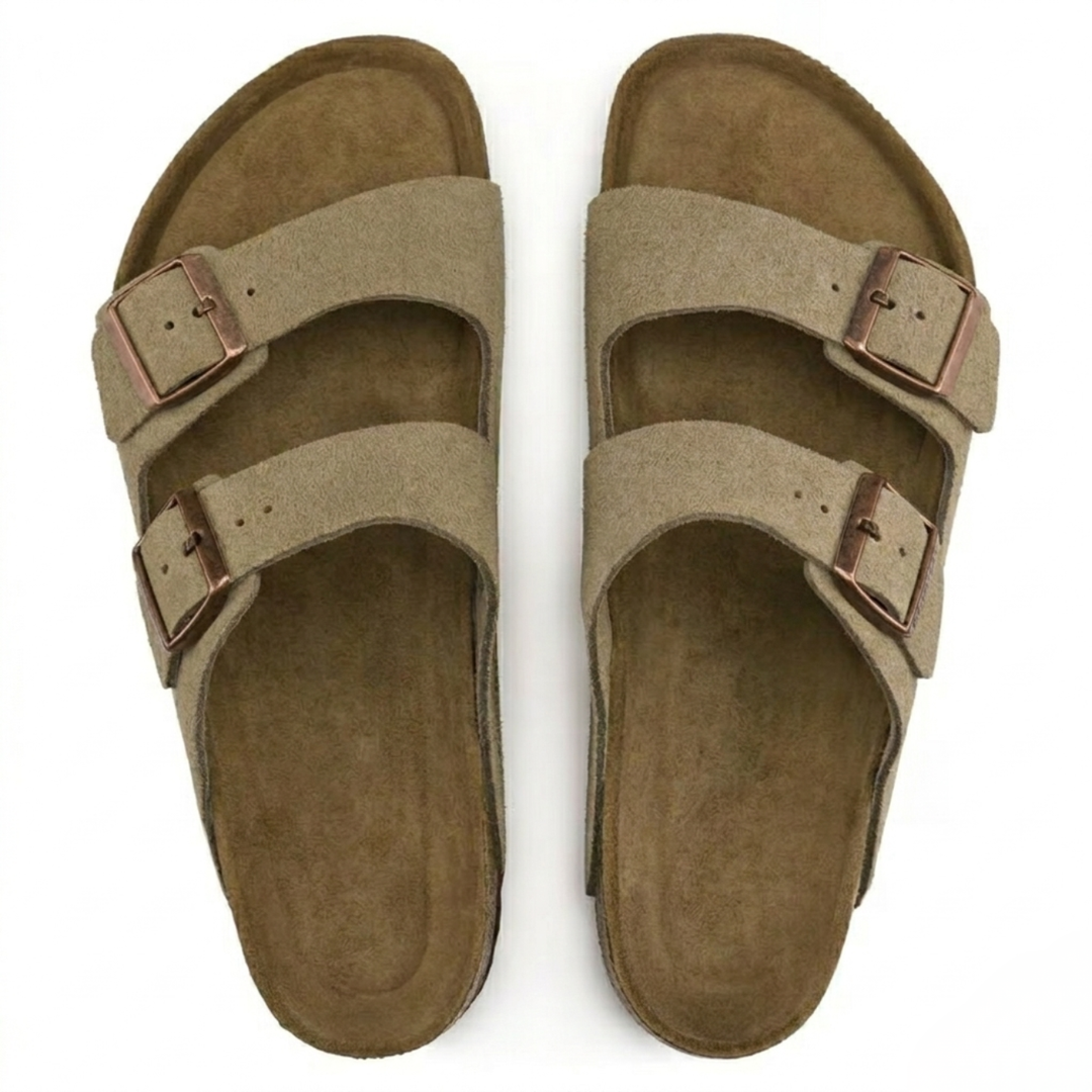 Casual taupe women's slip-on sandals, perfect summer shoes with open toe and foot support.