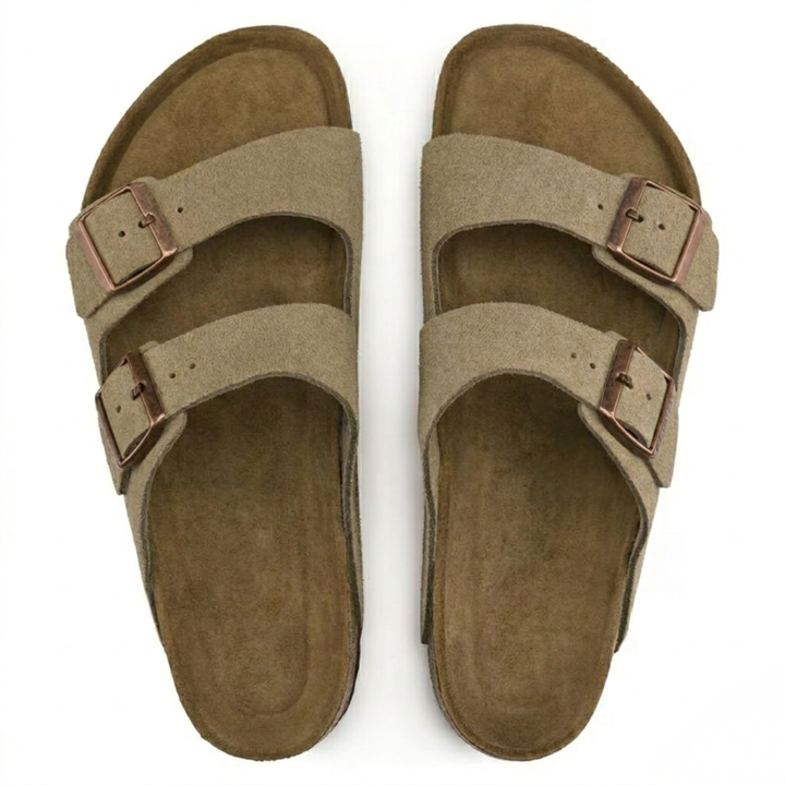 Casual taupe women's slip-on sandals, perfect summer shoes with open toe and foot support.