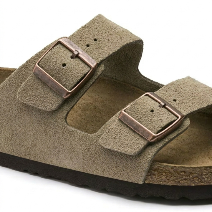 Taupe open-toe women's sandals with adjustable straps, ideal for casual summer comfort.