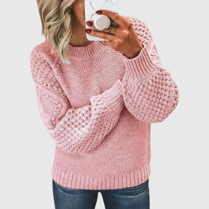 Elegant women's puff sleeve sweater. Warm, textured knit mock neck top for versatile casual or office wear.