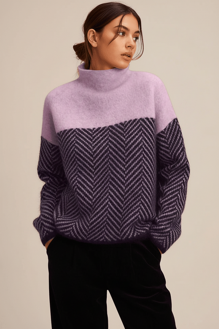 Relaxed fit women's textured knit sweater. Elegant stand-up collar & long sleeves for casual & smart-casual looks.