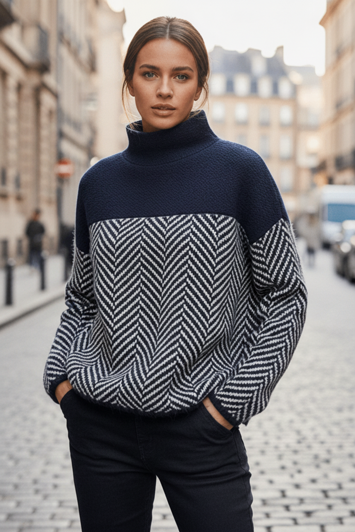Women's cozy textured stand-up collar sweater. A comfortable, long-sleeve knitted jumper for daily wear.