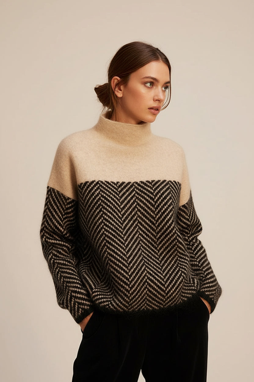 Mackenzie women's high collar knitted jumper. Features a textured knit, relaxed fit, ideal for winter comfort.