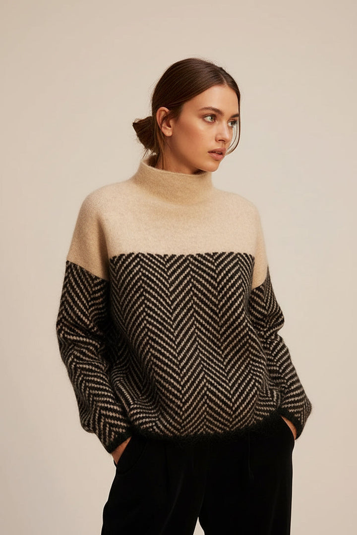 Mackenzie women's high collar knitted jumper. Features a textured knit, relaxed fit, ideal for winter comfort.