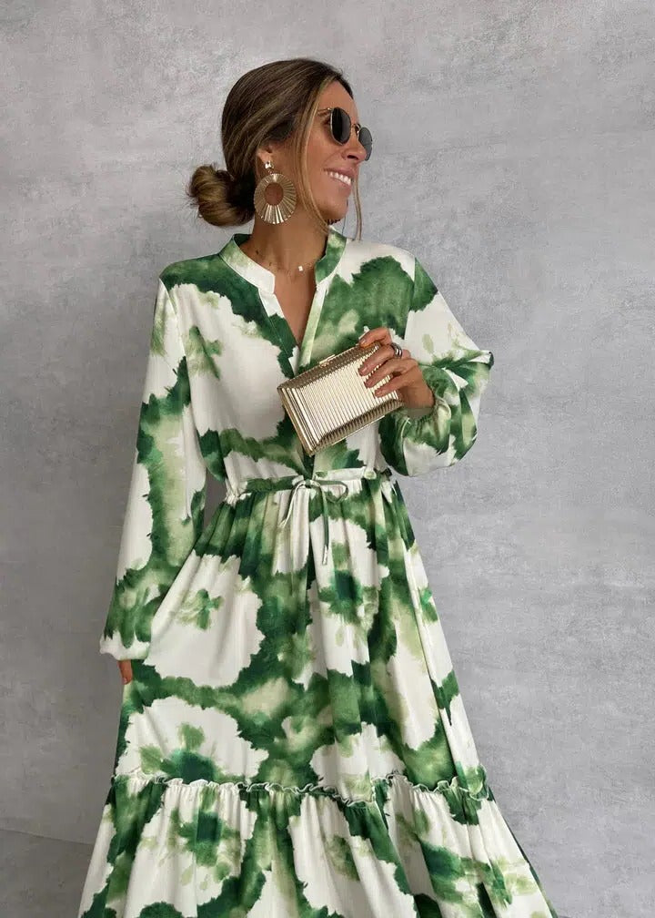 Boho chic women's long sleeve tie-dye tiered maxi dress. Features a belt & green print for comfortable summer wear.