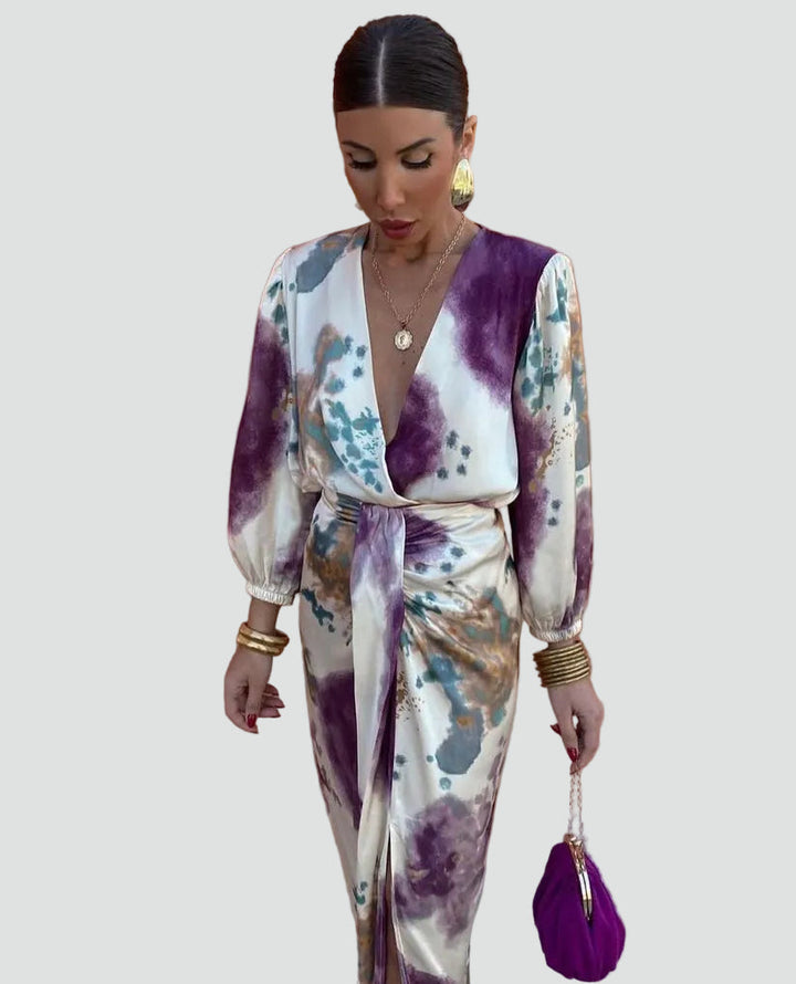 Elegant women's tie-dye wrap midi dress featuring a unique pattern & flattering style for spring/autumn cocktail parties.