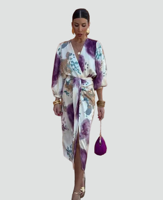 Stylish women's V-neck tie-dye wrap midi dress with a unique pattern, a flattering choice for any cocktail party.