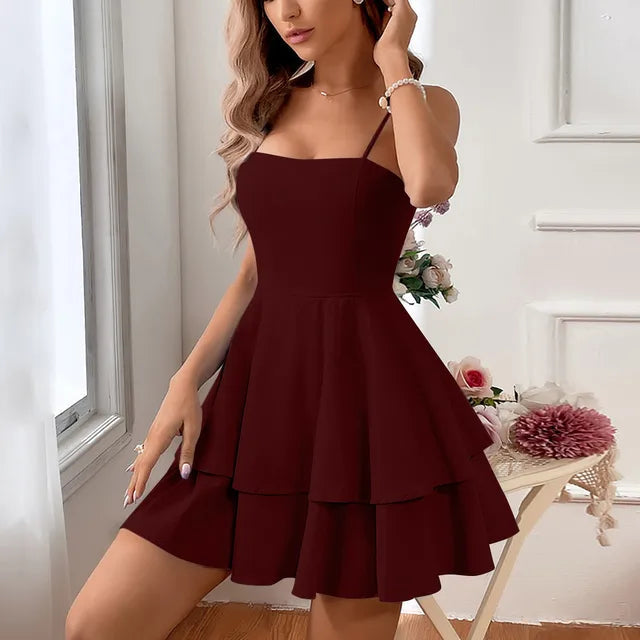 Stunning women's party dress: tiered A-line mini design with spaghetti straps for homecoming or events.