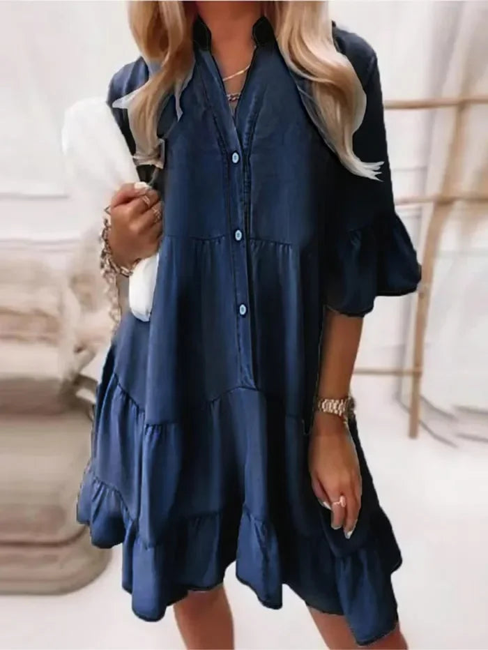 Feminine women's button-down mini dress with tiered ruffles & flared sleeves, versatile for day and summer wear.