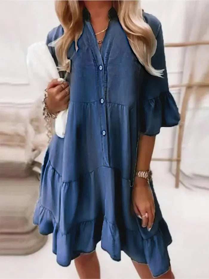 Casual summer women's day dress: a versatile tiered ruffle mini with button-down detail and above-knee length.